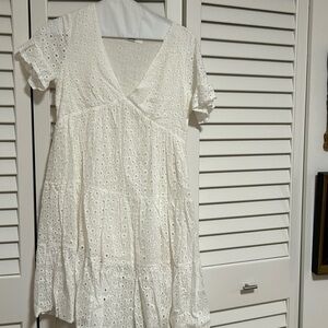 XS eyelet v neck dress with short sleeves